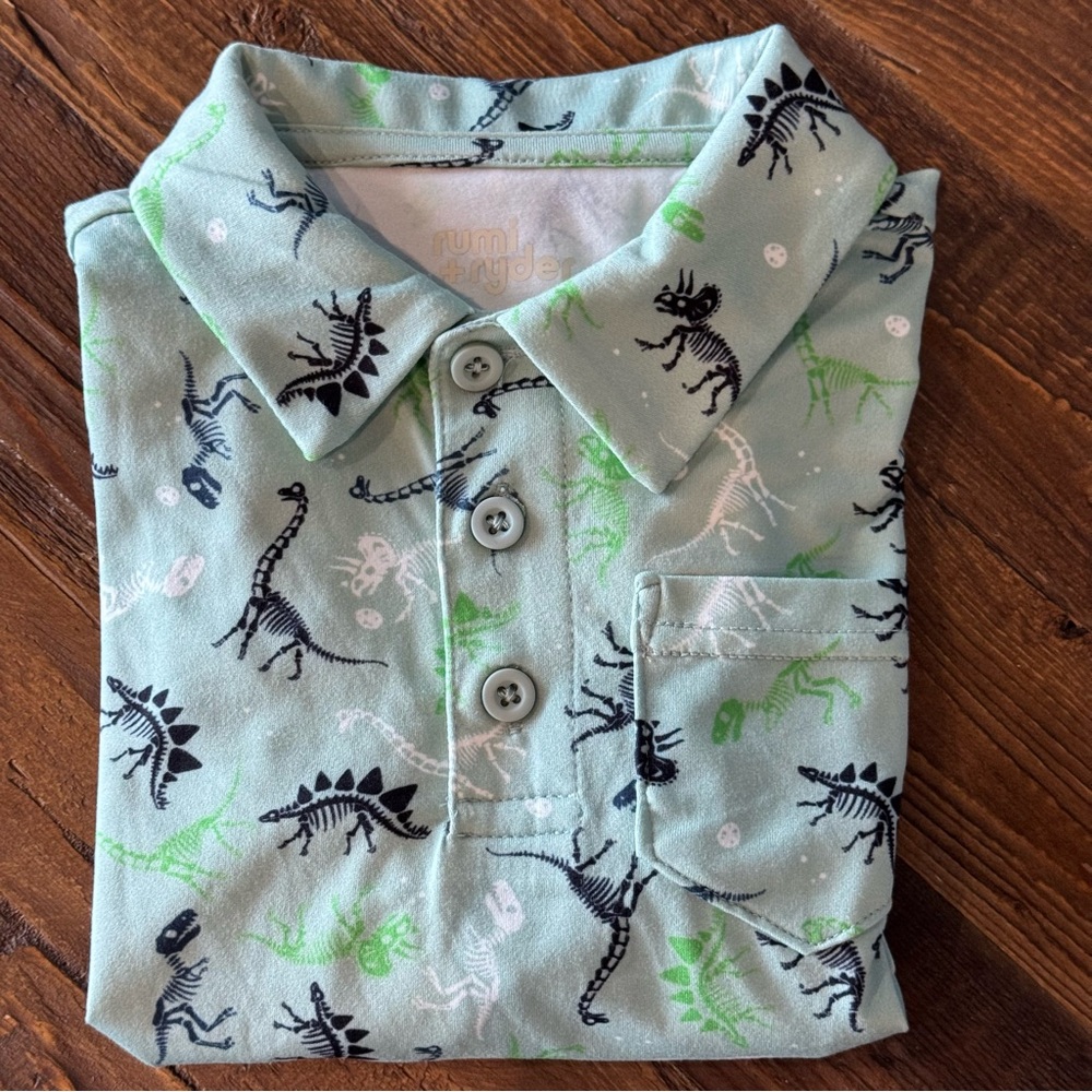 NWT Dinosaur Print Rumi & Ryder Green Blue Long Sleeve Polo Shirt Boys Size 4 - Picture 5 of 6